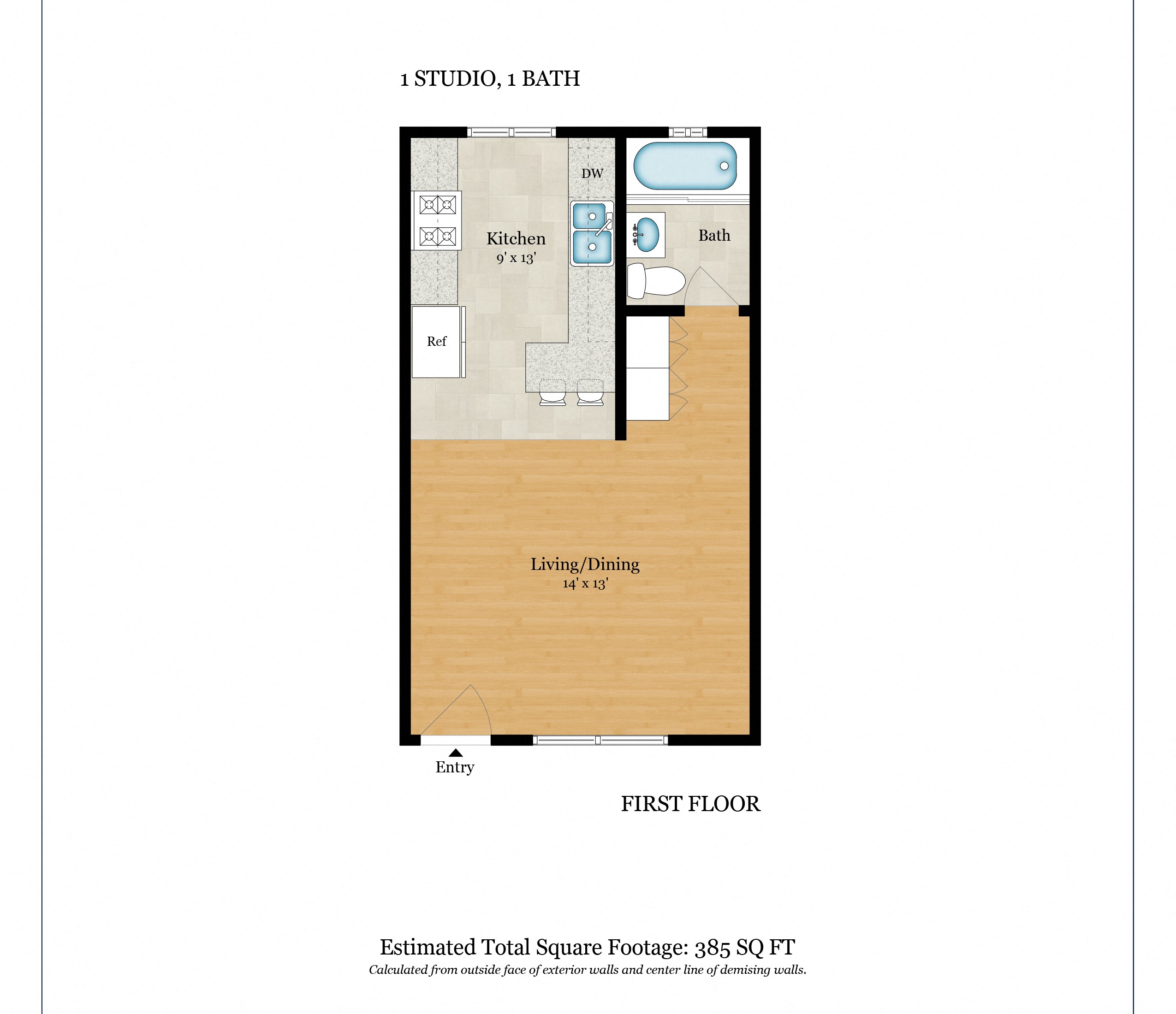 Floor plan for studio, 1 bath, 385 sqft